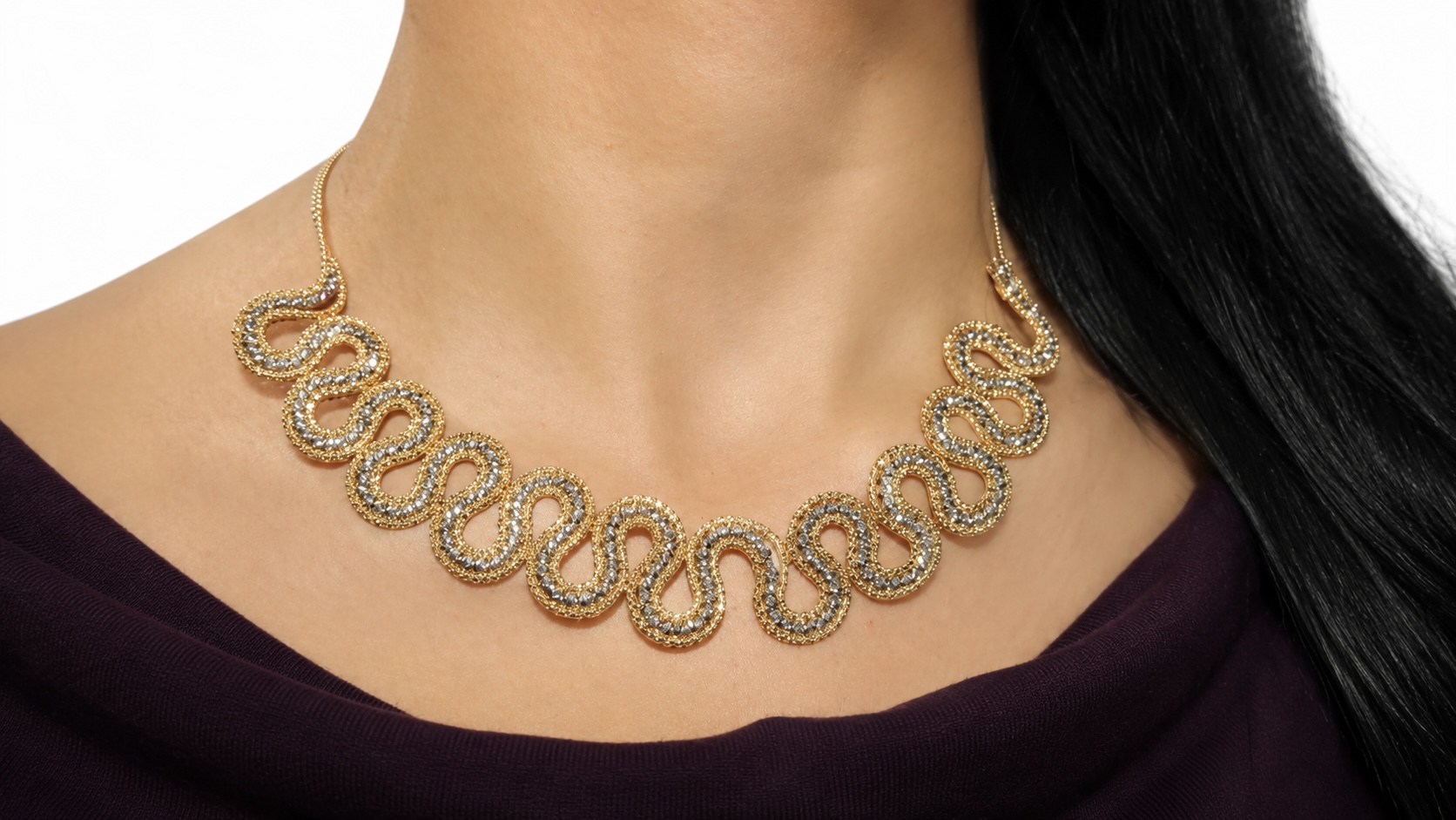 Two-tone gold necklace shown up close