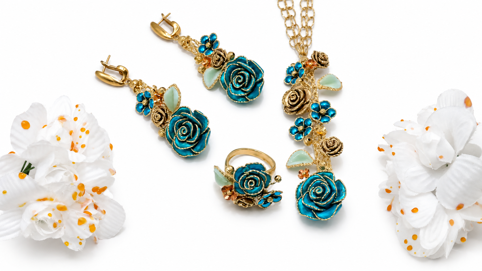 Blue floral necklace, ring and matching earrings