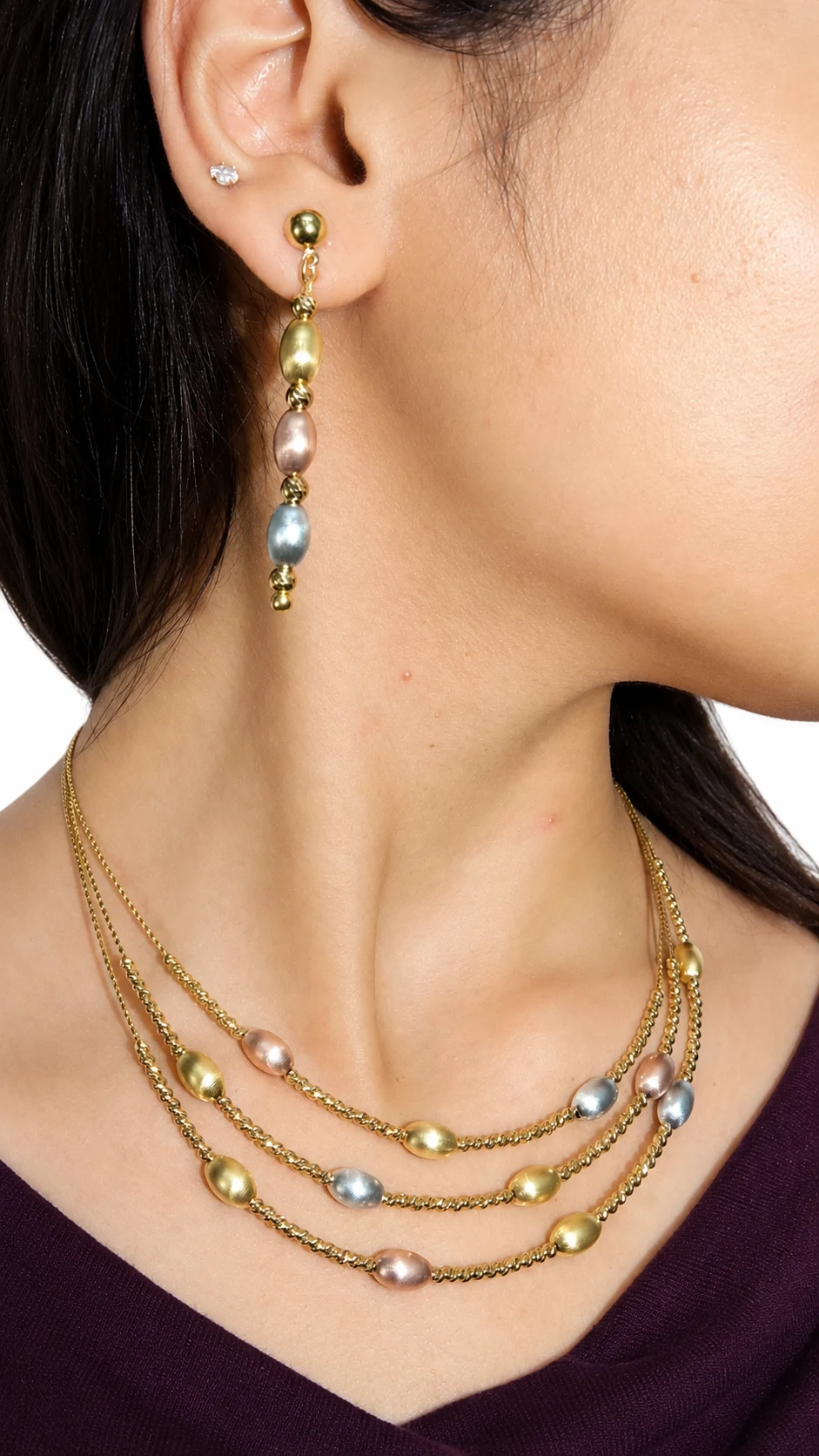 Gold and multicolour bead necklace with matching drop earring